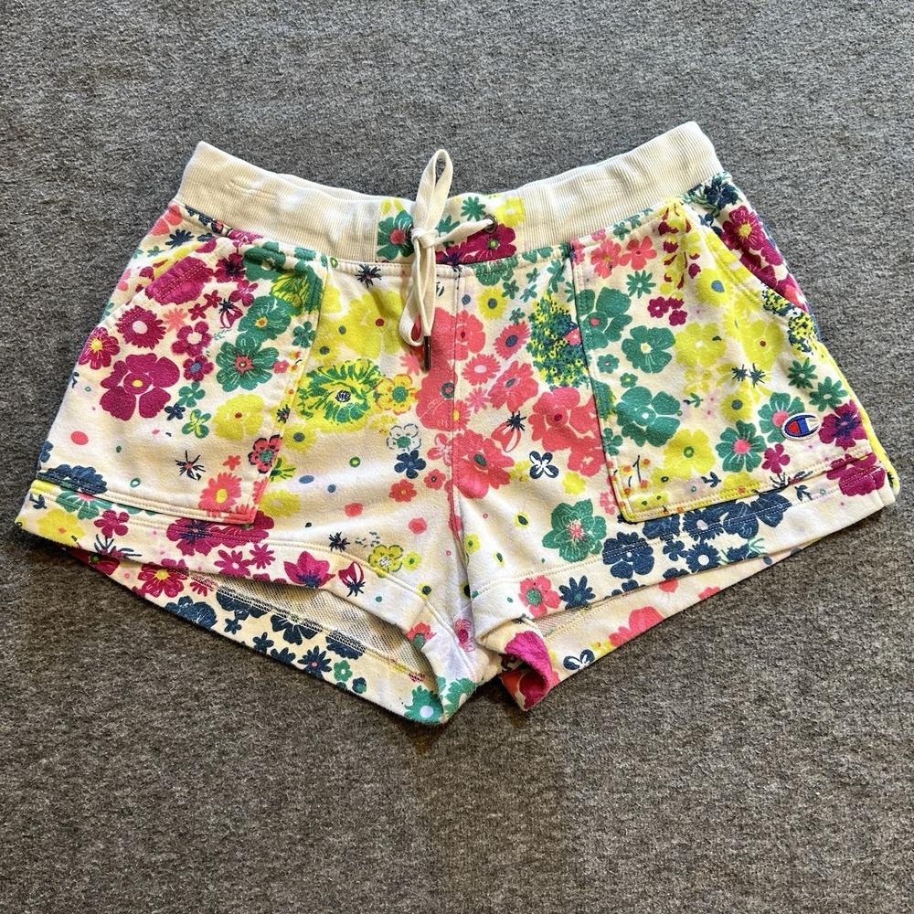 Champion Shorts Women's Medium Campus French Terry Graphic Flower Power
